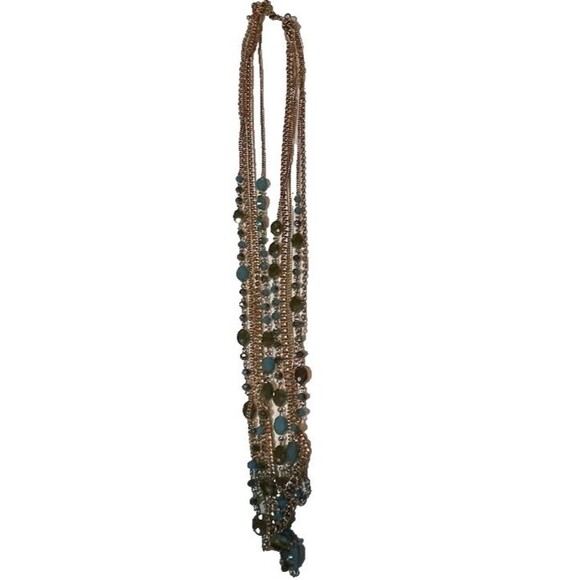 Tropicalcore Boho Chic 5 Gold/Light Blue Beaded Strands 17" Long Necklace - Picture 2 of 4